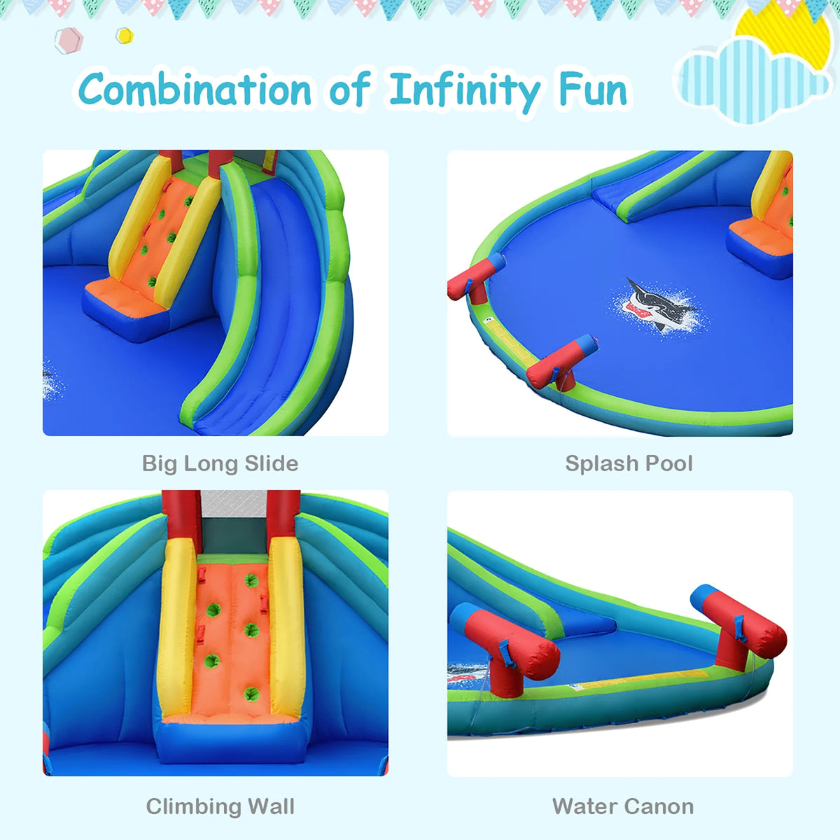 Inflatable Bounce House Water Splash Pool Dual Slide Climbing Wall H290
