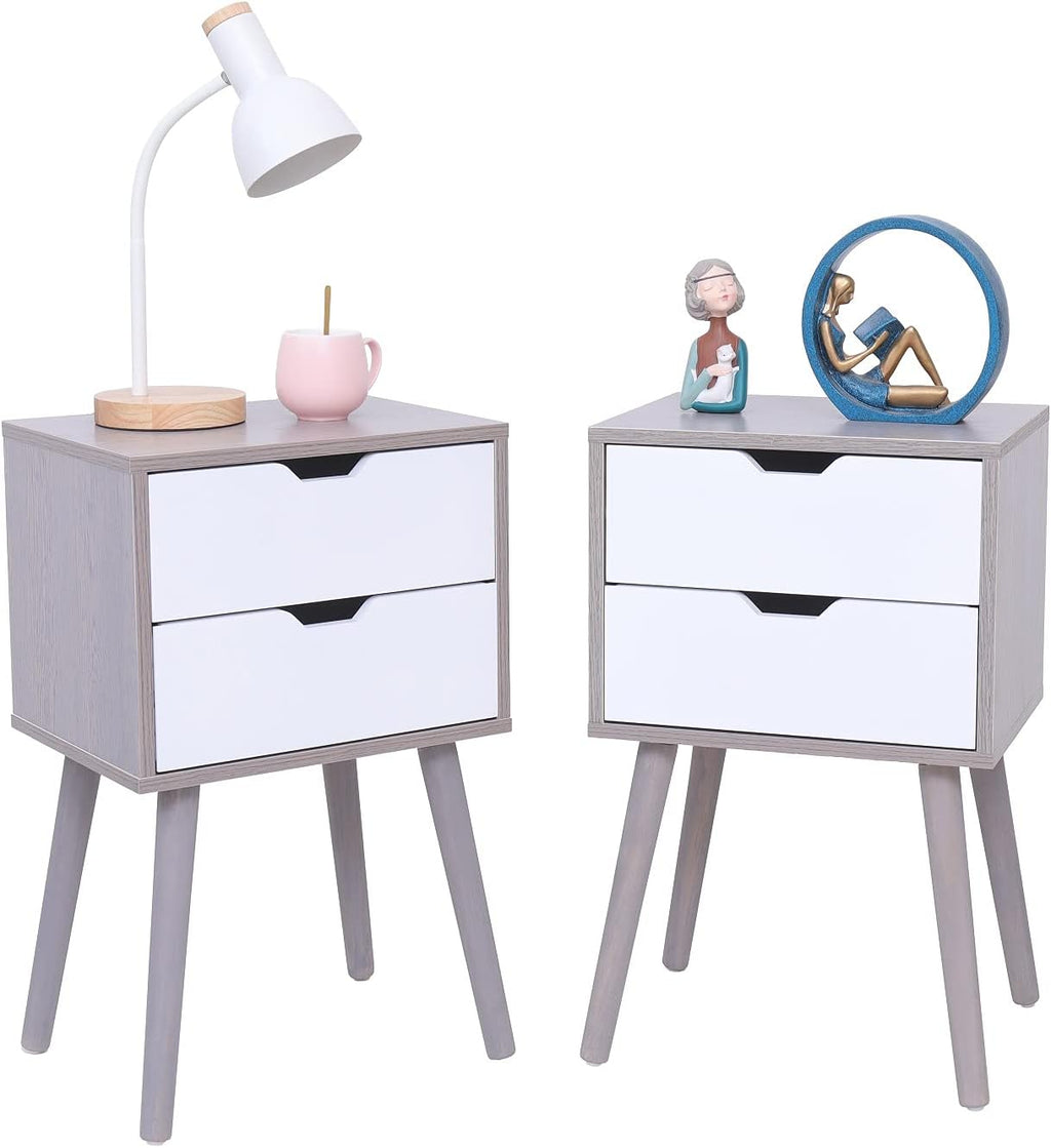 White&Natural 2 Drawer Nightstand with Solid Wood Legs Z6585