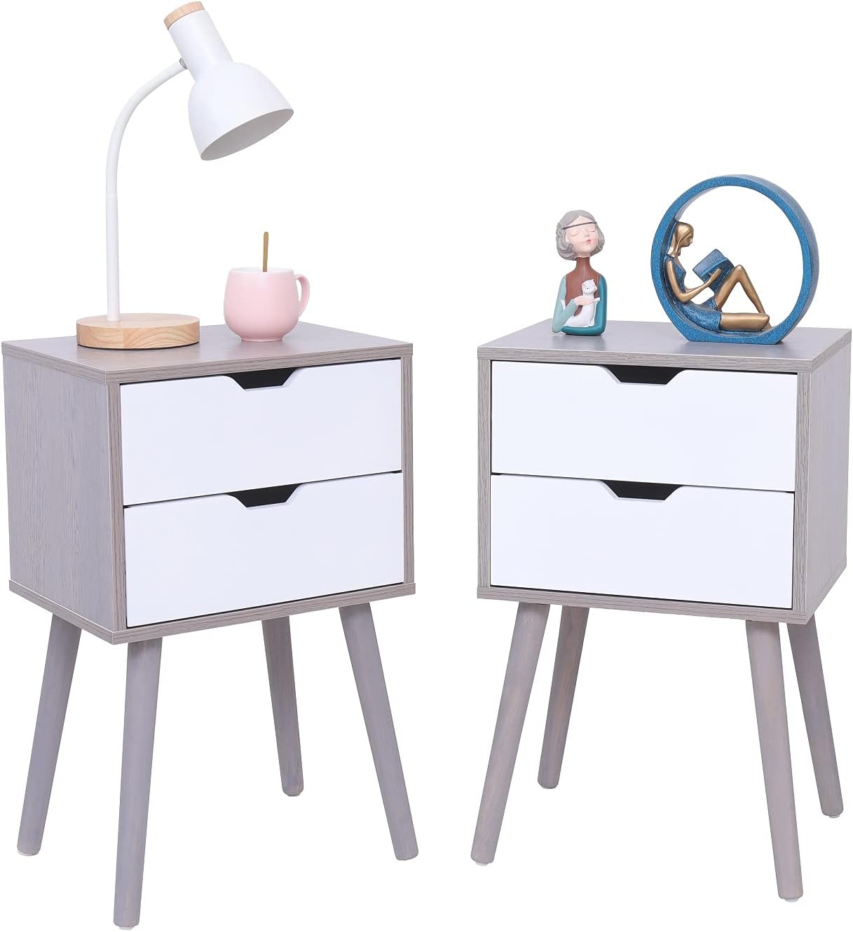 White&Natural 2 Drawer Nightstand with Solid Wood Legs Z6585