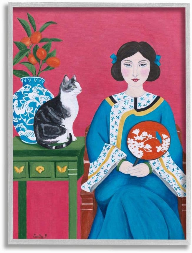 Red Green Blue Chinese Woman and Cat Painting, 24 x 30, Black Framed Wall Art I801746