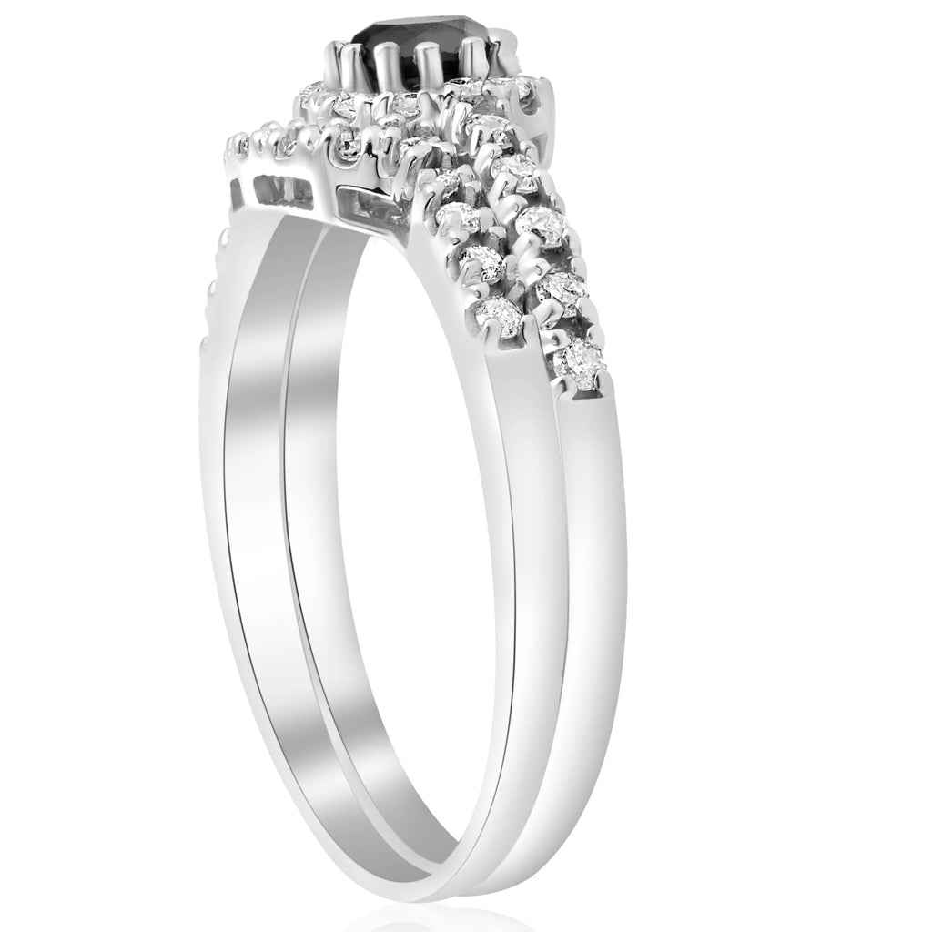 Black Pave Halo Diamond Engagement Ring Set 14k White Gold Z297018