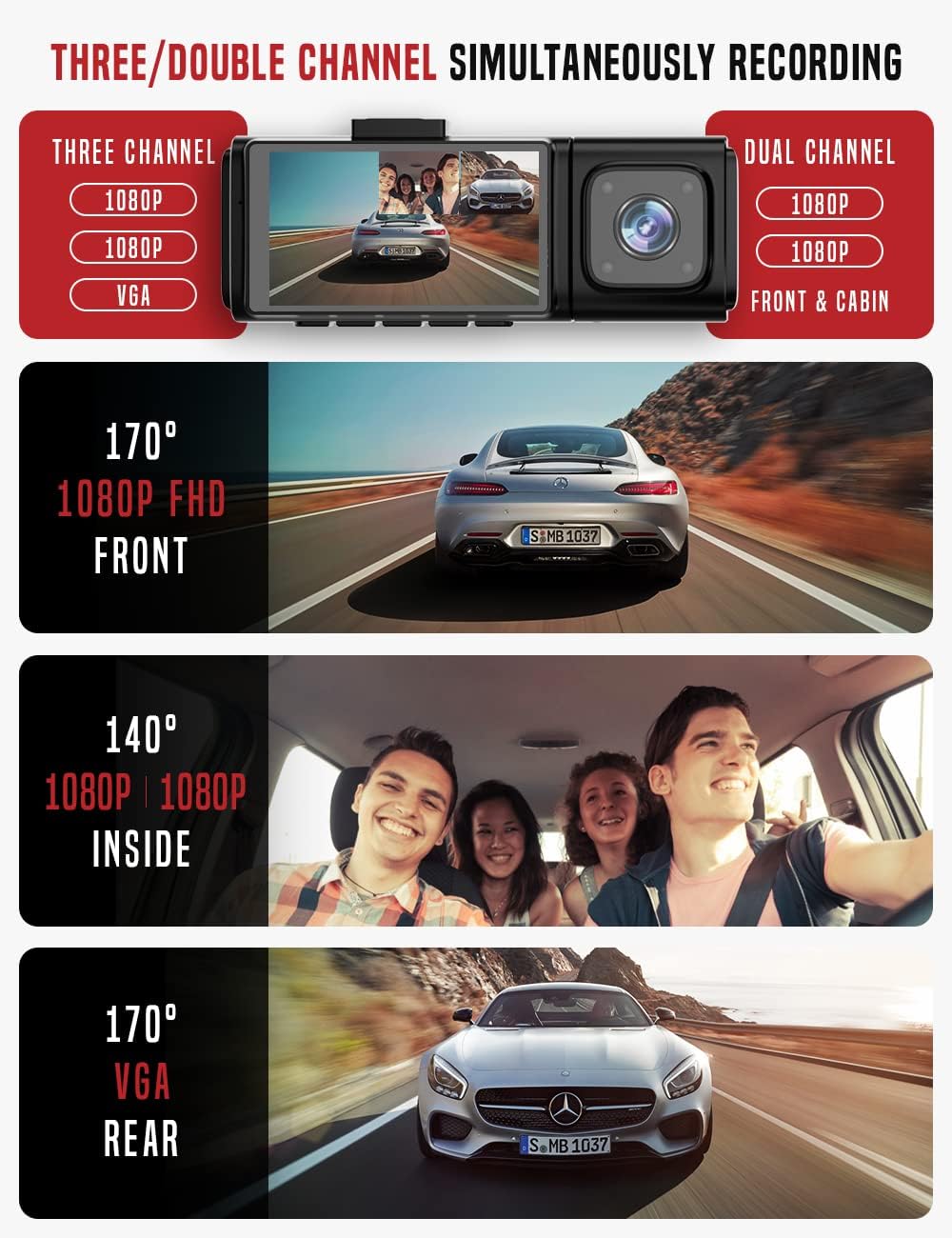 3 Channel Full HD 1080P Dash Camera with IR Night Vision, 2.45 Inch IPS Screen, Pack of 2 B45017