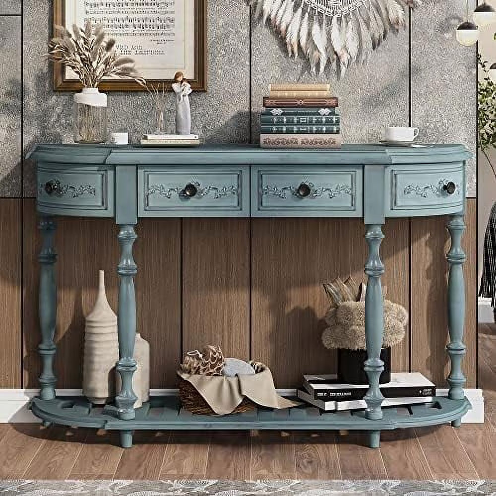 Curved Console Table with 4 Drawers Solid Wood Frame Black L389