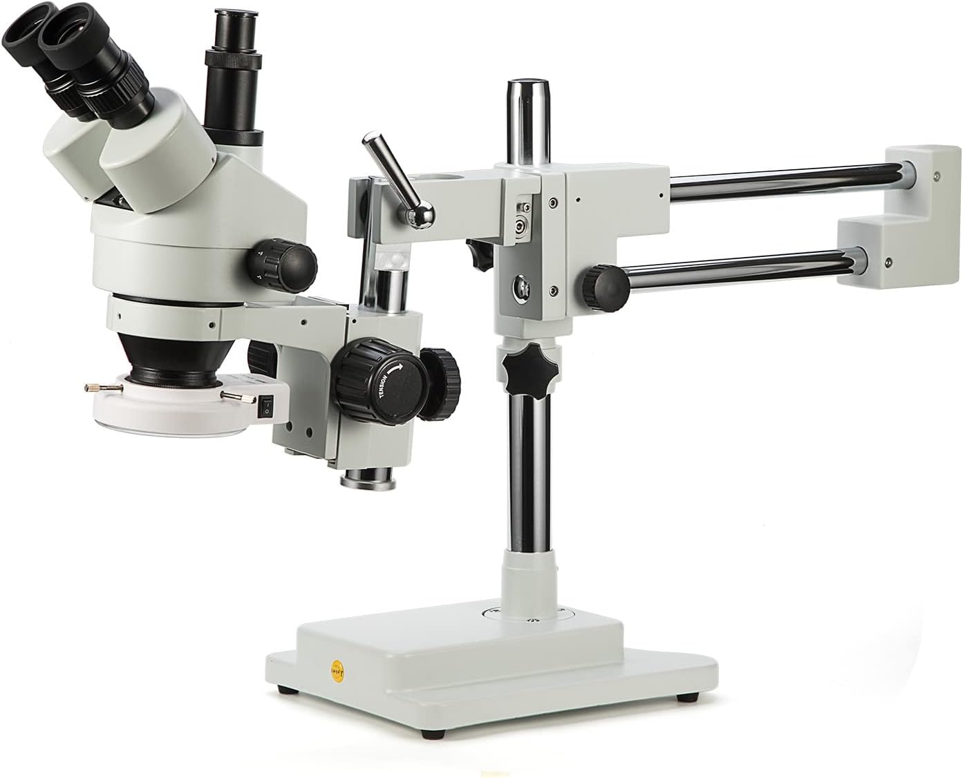 Simul-Focal Trinocular Stereo Zoom Microscope with WH10x Eyepieces, 0.7X-4.5X Objective, LED Ring Light, Double Arm Boom Stand, 0.5X and 2.0X Barlow Lens R69913