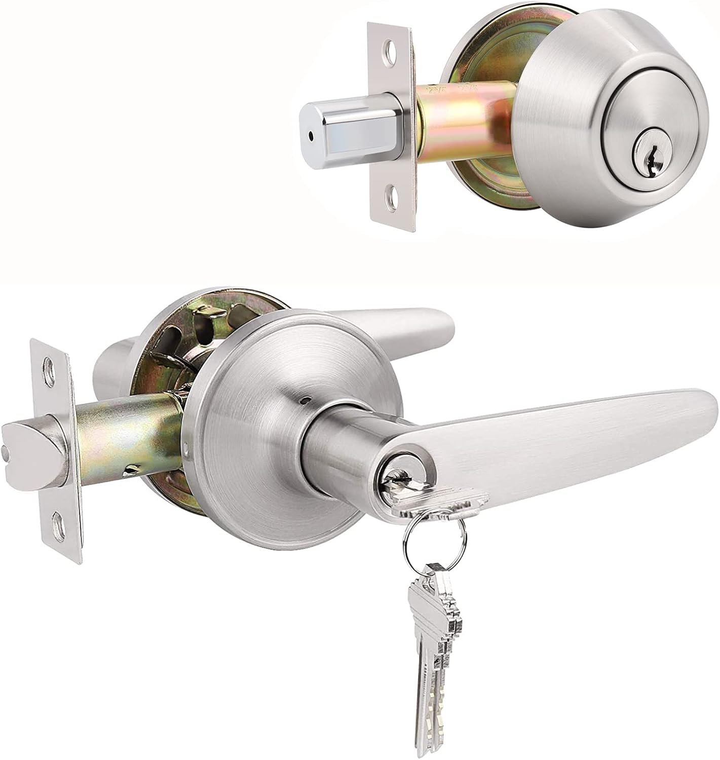 2 Pack Keyed Entry Door Lever and Single Cylinder Deadbolt Combination Set in Satin Nickel Finish H67712
