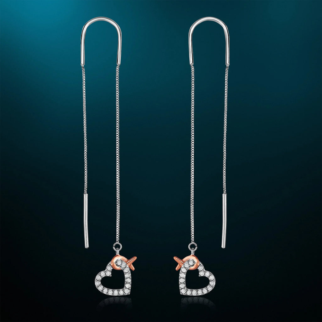 1/5 Cttw Diamond Pink Ribbon and Heart Dangle Threader Earrings in Rhodium Plated Sterling Silver L5076