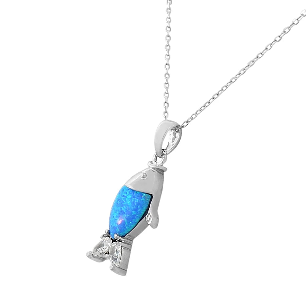 925 Sterling Silver CZ Blue Turquoise-Tone Fish Simulated Opal Pendant Necklace S7394