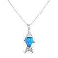 925 Sterling Silver CZ Blue Turquoise-Tone Fish Simulated Opal Pendant Necklace S7394