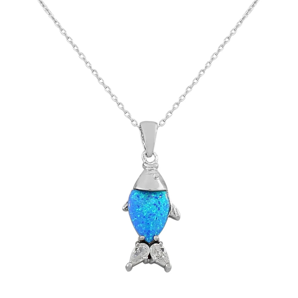 925 Sterling Silver CZ Blue Turquoise-Tone Fish Simulated Opal Pendant Necklace S7394