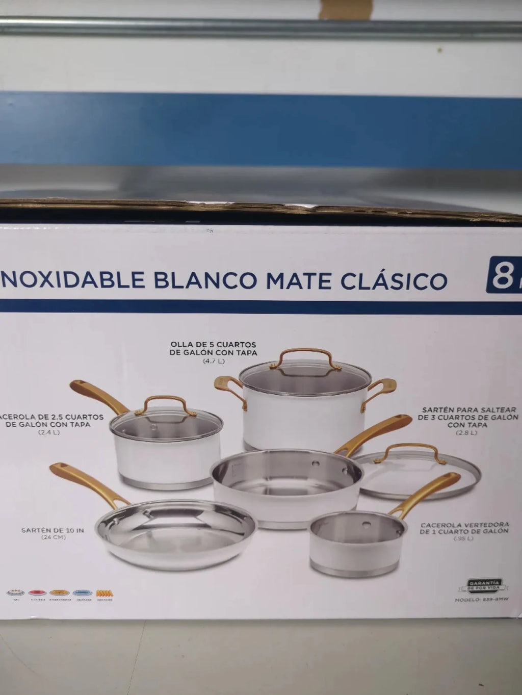 8pc Stainless Steel Cookware Set with Brushed Gold Handles Matte White L606368