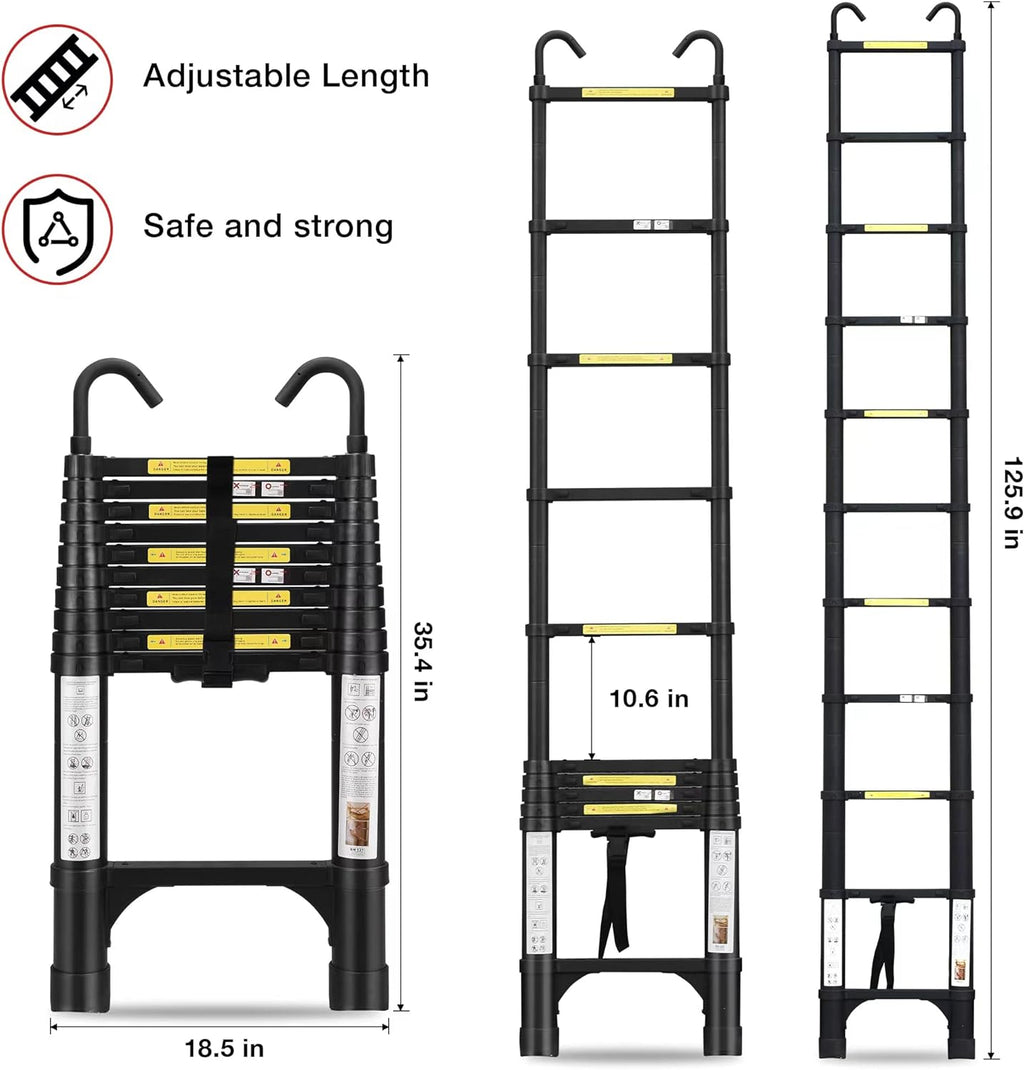 Telescoping Ladder 10.5 FT Aluminum with 2 Detachable Roof Hooks and 2 Triangle Stabilizers K831300