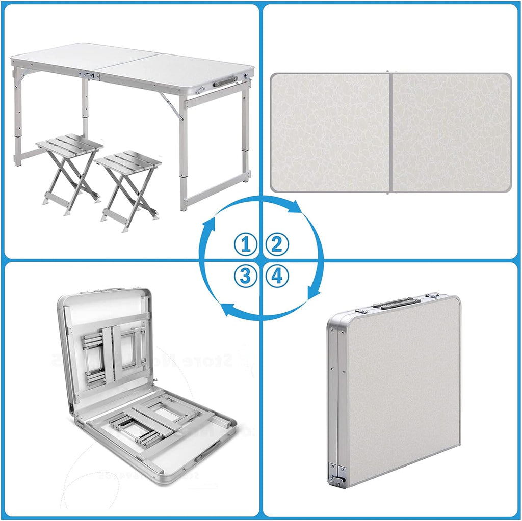 White 4 Foot Adjustable Height Folding Aluminum Camping Table with Stools W874757