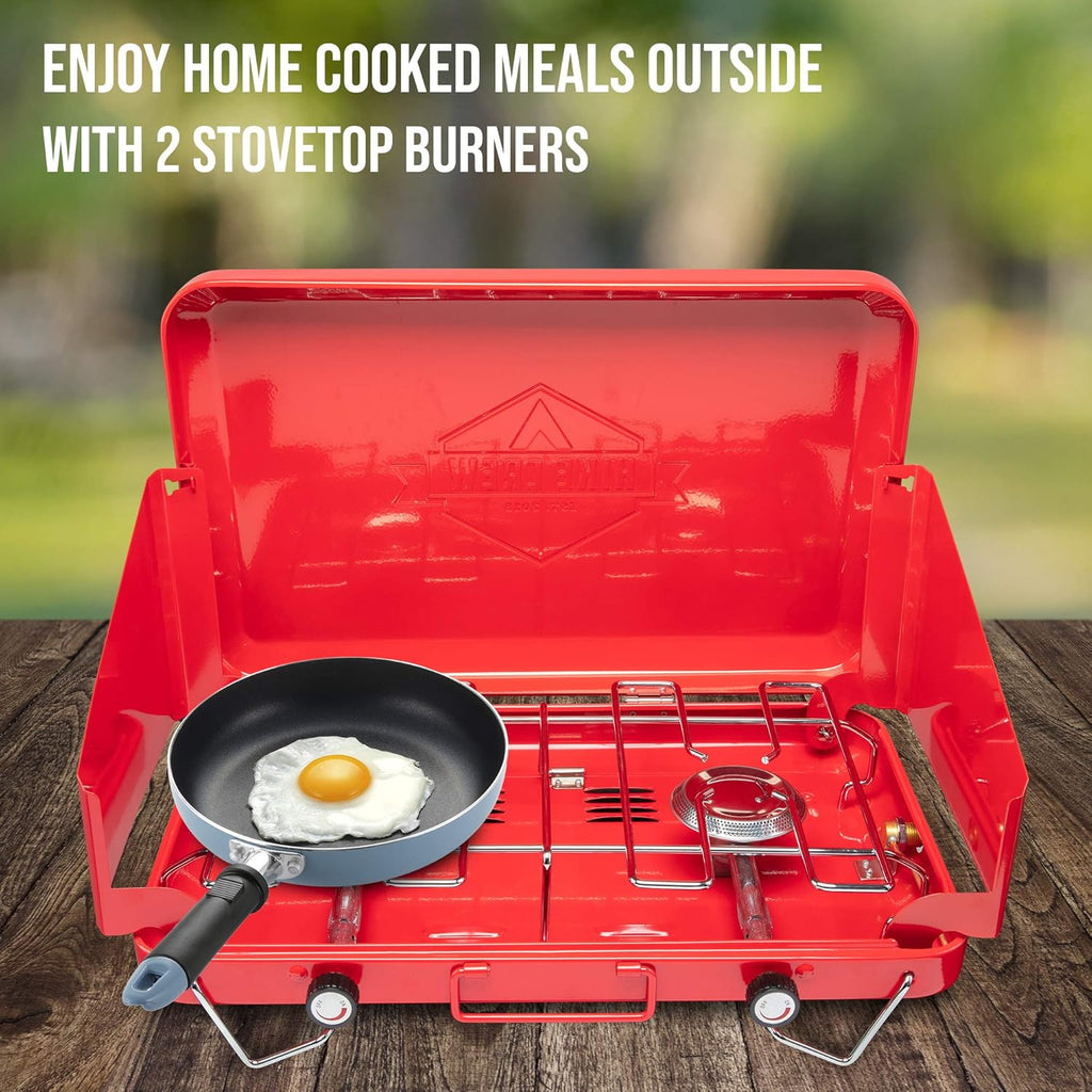 Portable Double Propane Burner Camping Stove with Carrying Handle, Foldable Legs, Wind Panels, Regulator Tube, Pack of 2 A518