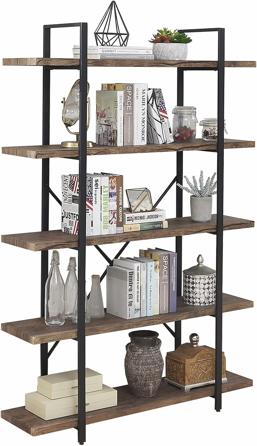 Distressed Brown 5-Shelf Metal Frame Bookshelf M319496