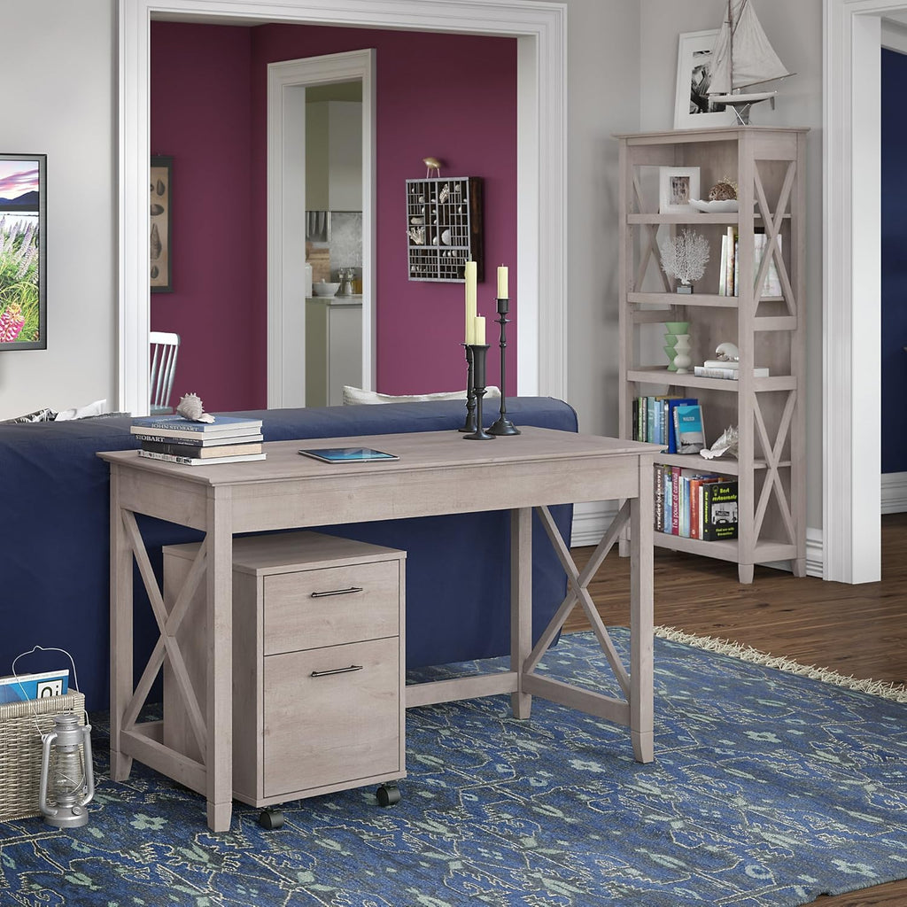 48W Writing Desk with 2 Drawer Mobile File Cabinet and 5 Shelf Bookcase in Bing Cherry G9541