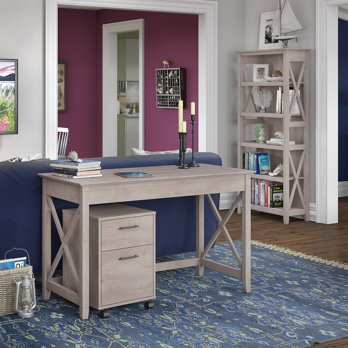 48W Writing Desk with 2 Drawer Mobile File Cabinet and 5 Shelf Bookcase in Bing Cherry G9541
