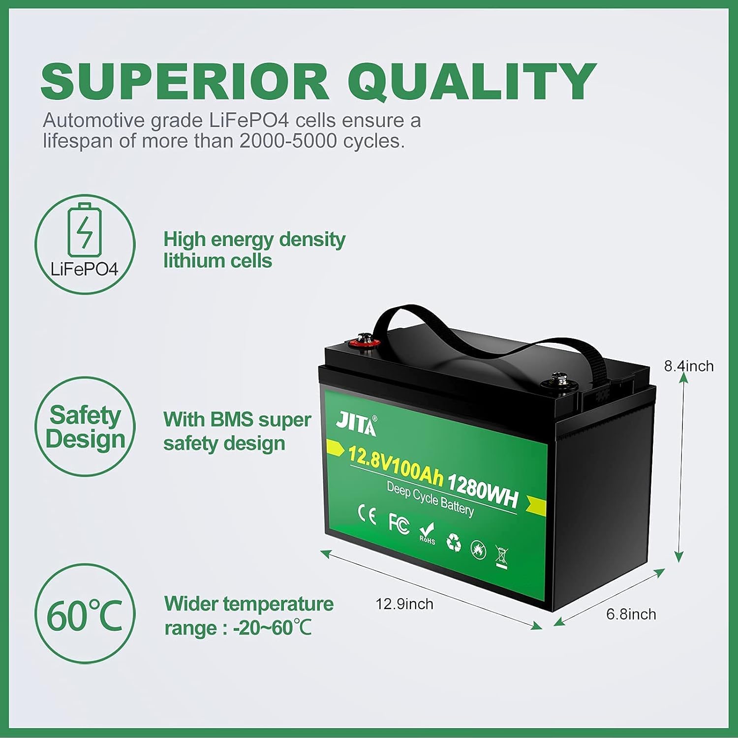 12V 100Ah LiFePO4 Lithium Battery with 100A BMS R969