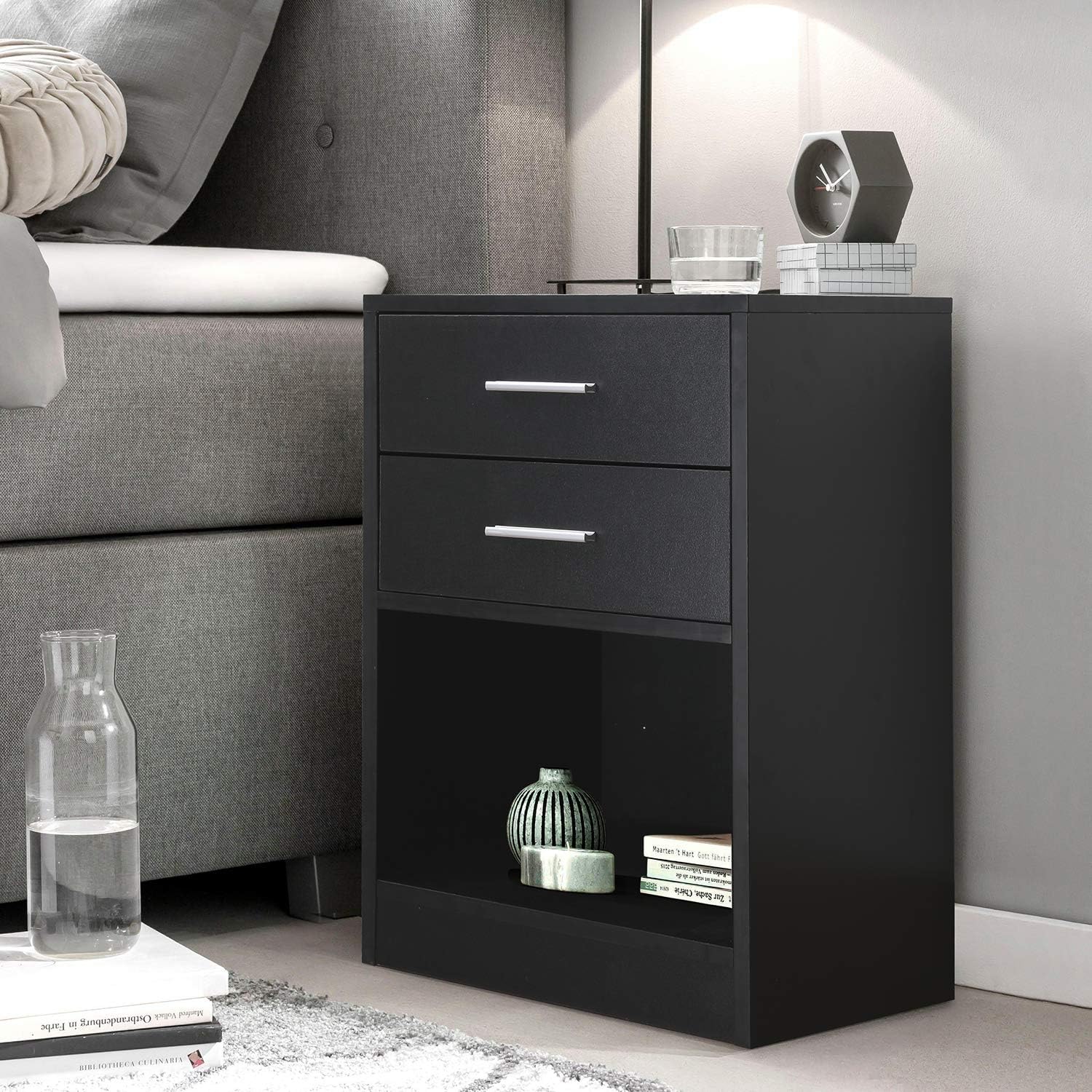 Black Double Drawer Nightstand with Shelf W812
