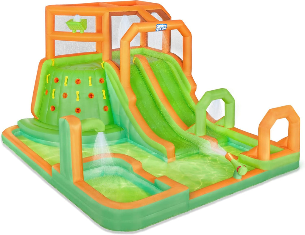 Inflatable Water Slide Park with Climbing Wall, 2 Slides, Pool, Air Pump & Carrying Case O163128