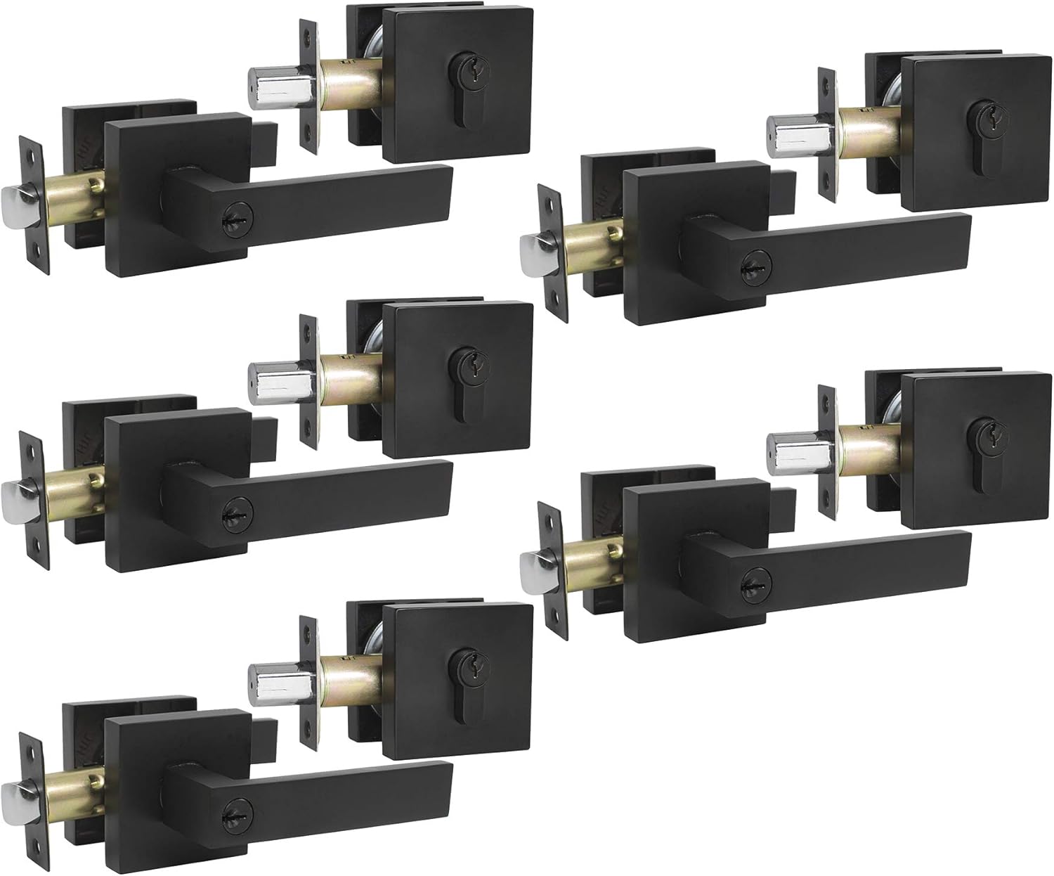 Satin Nickel Square Entry Levers Locksets and Single Cylinder Deadbolts Combination Set, 3 Pack Keyed Alike F466