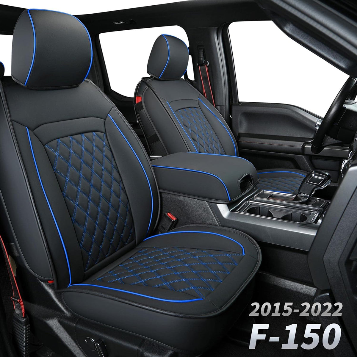 Black & Blue Waterproof Faux Leather Seat Covers with Center Console Cover W954