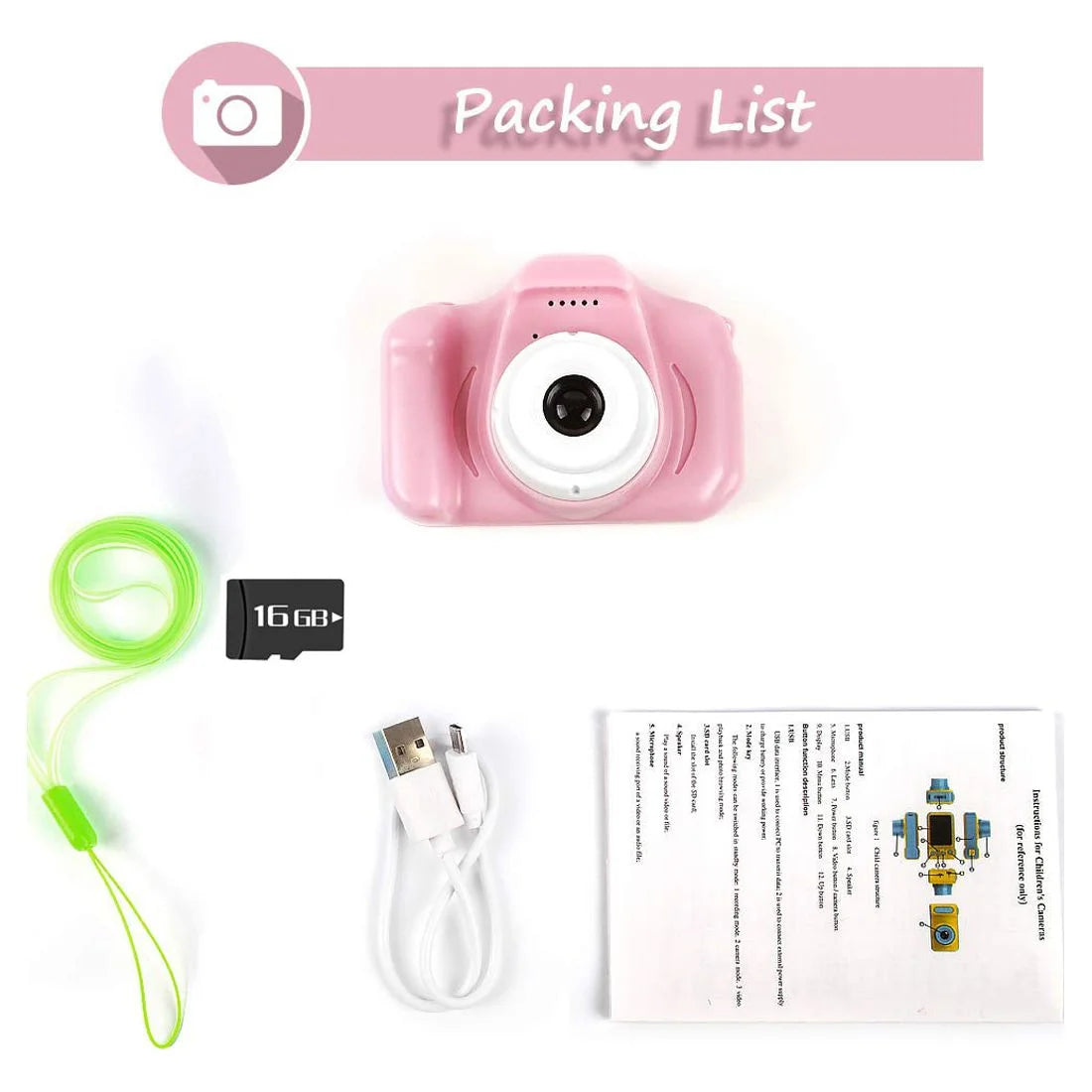 Pink 13MP 1080P Rechargeable Children's Toy Camera with 16G TF Card X53056