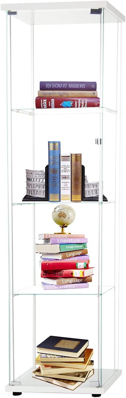 4-Shelf Glass Display Cabinet with Door, Tempered Glass Floor Standing Bookshelf Natural Wood J8289