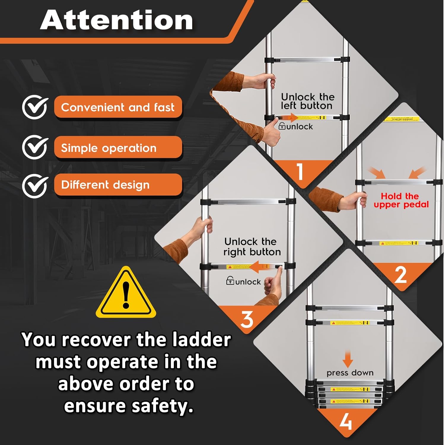 Telescoping 12.5 FT Aluminum Extension Ladder with 2 Triangle Stabilizers G794164