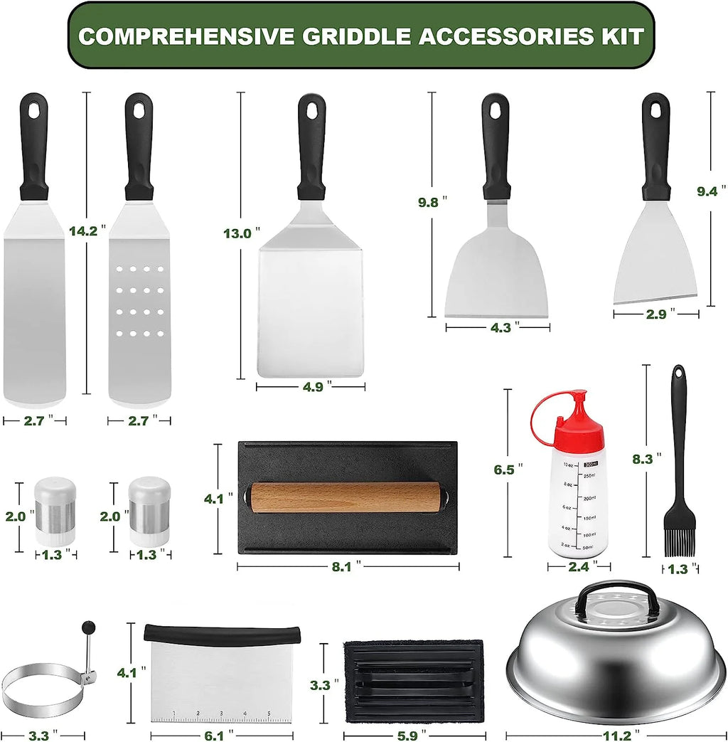 17PCS Flat Top Grill Accessories Set with Spatulas, Basting Cover, Scraper H92444