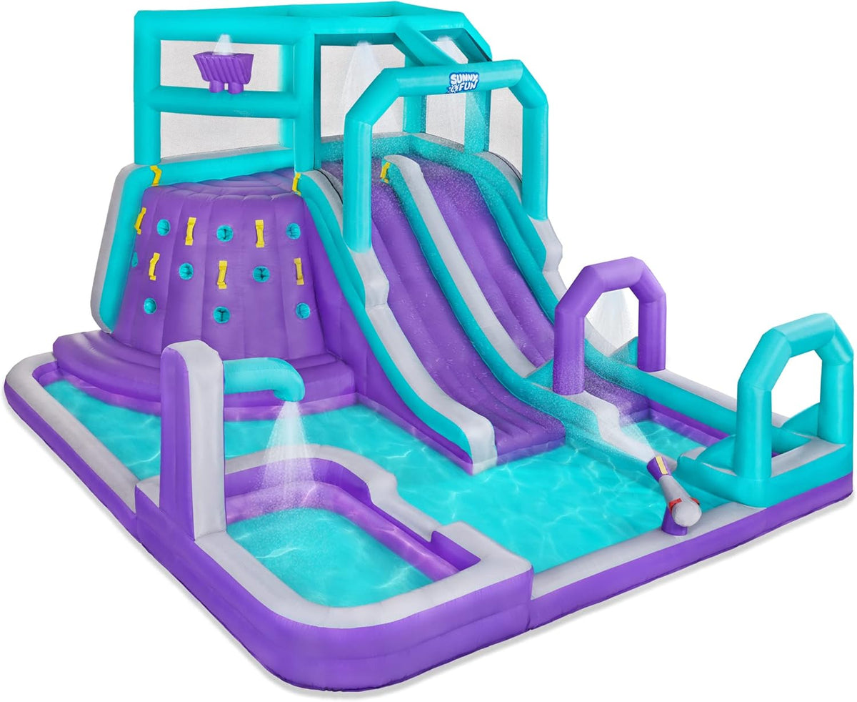 Inflatable Water Slide Park with Climbing Wall, 2 Slides, Pool, Air Pump & Carrying Case O163128