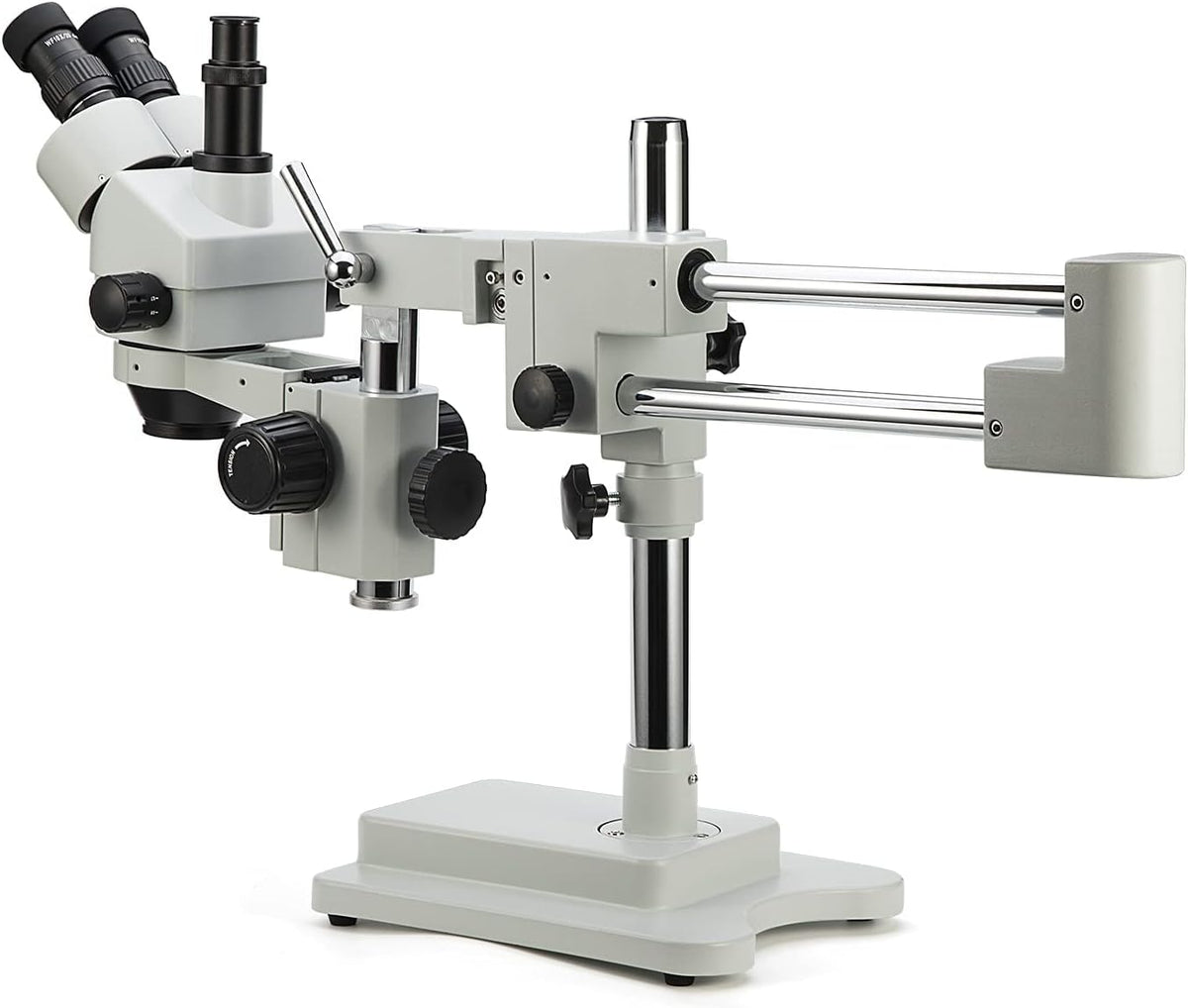 Simul-Focal Trinocular Stereo Zoom Microscope with WH10x Eyepieces, 0.7X-4.5X Objective, LED Ring Light, Double Arm Boom Stand, 0.5X and 2.0X Barlow Lens R69913