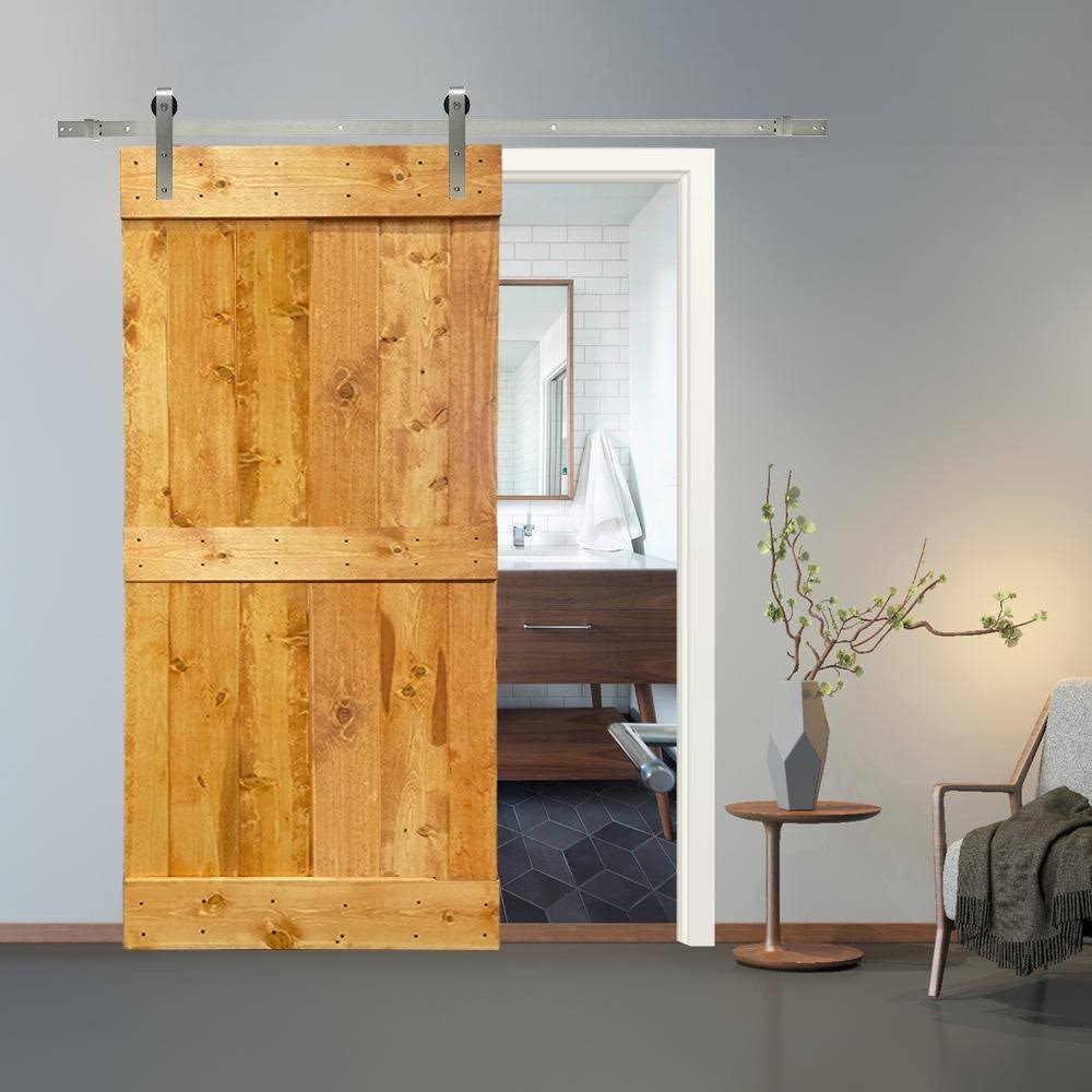 Solid Colonial Maple Stained Pine Wood Interior Sliding Barn Door with Hardware Kit L106579