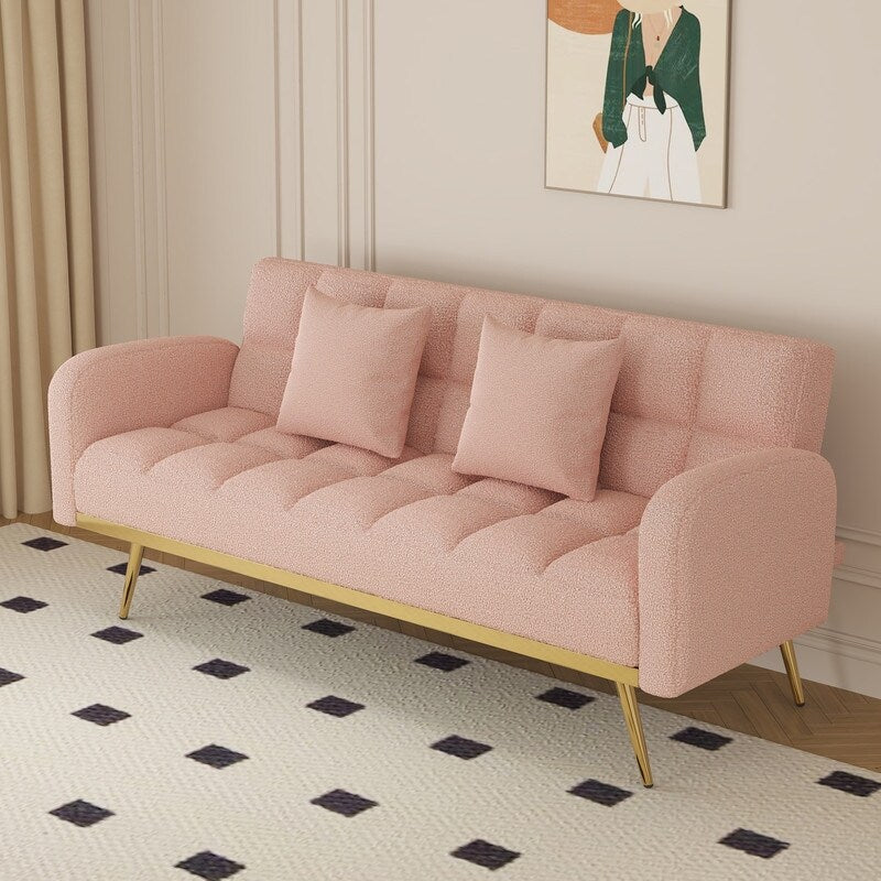 Pink Teddy Velvet Sofa Bed with Throw Pillows A848