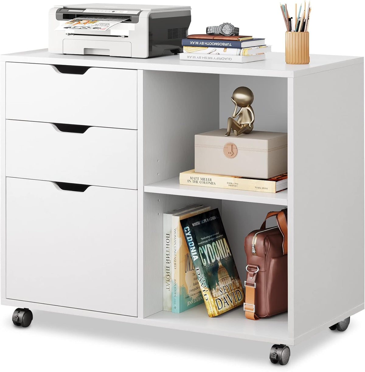 White 3-Drawer Mobile Wood File Cabinet with Open Storage Shelves Z652110