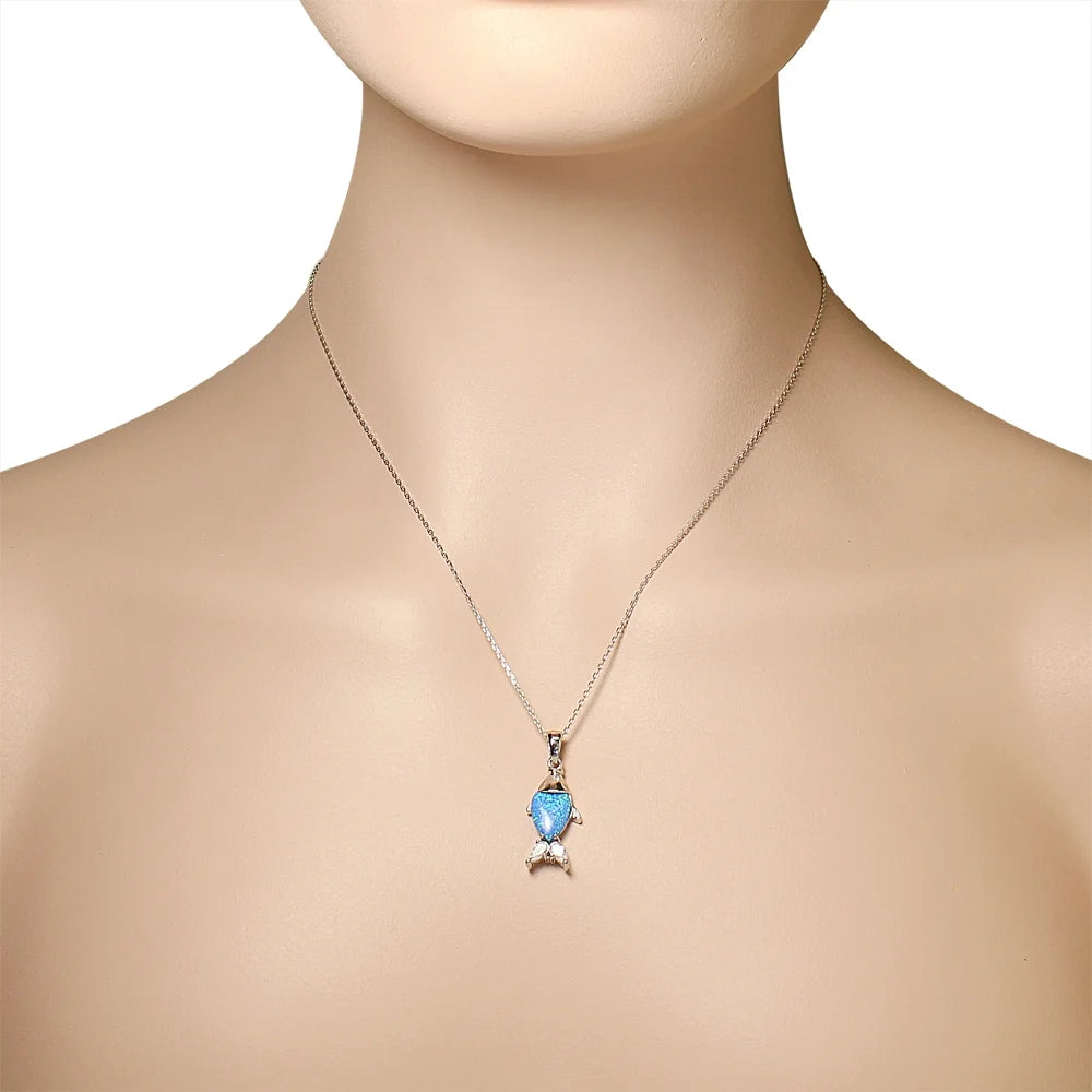 925 Sterling Silver CZ Blue Turquoise-Tone Fish Simulated Opal Pendant Necklace S7394