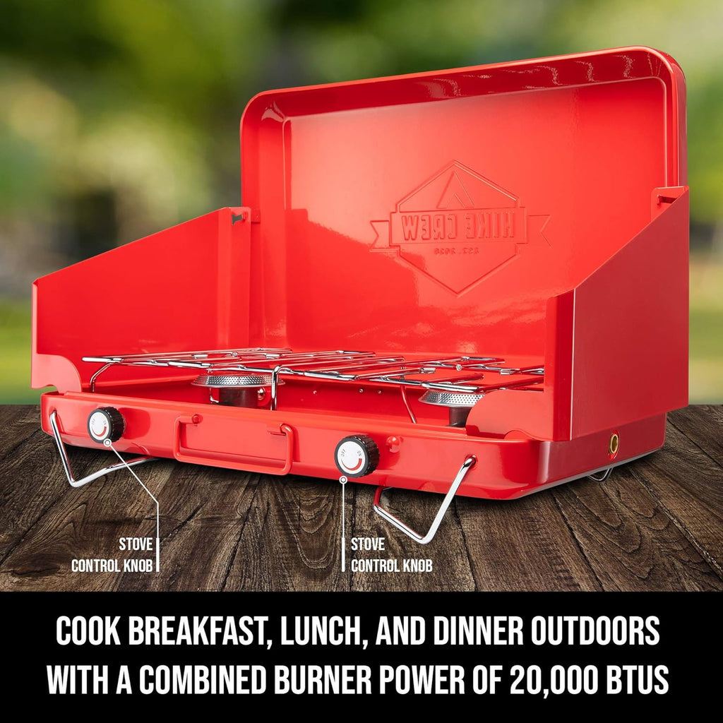Portable Double Propane Burner Camping Stove with Carrying Handle, Foldable Legs, Wind Panels, Regulator Tube, Pack of 2 A518