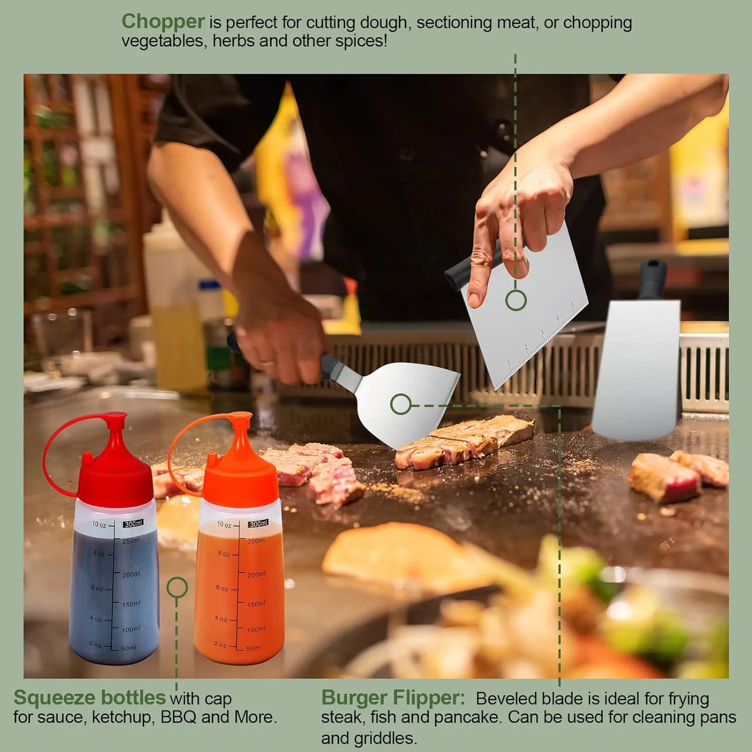 17PCS Flat Top Grill Accessories Set with Spatulas, Basting Cover, Scraper H92444