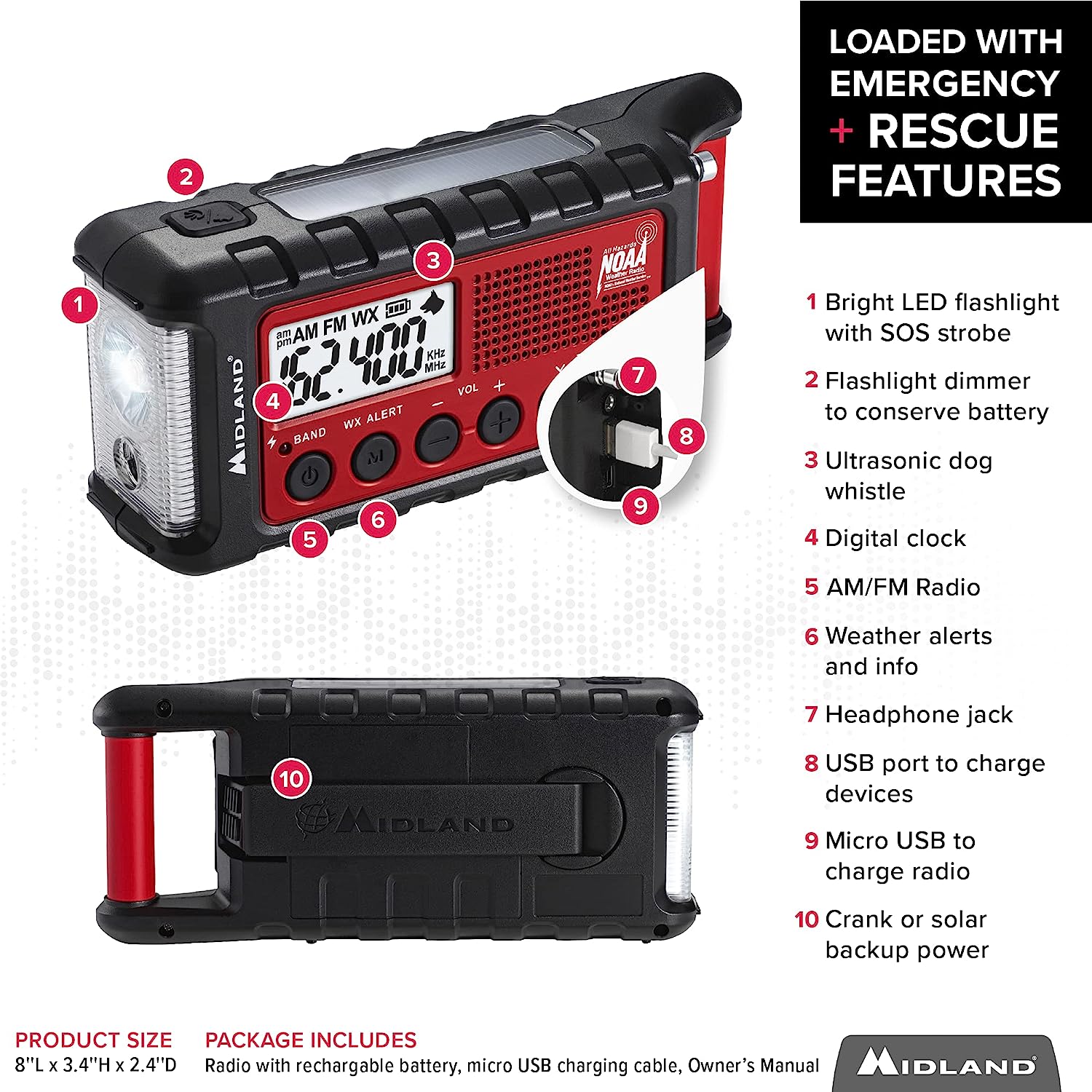 Red/Black Emergency Crank AM/FM Radio with Flashlight Q88204