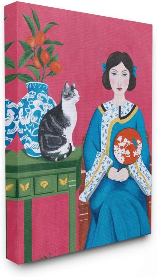 Red Green Blue Chinese Woman and Cat Painting, 24 x 30, Black Framed Wall Art I801746