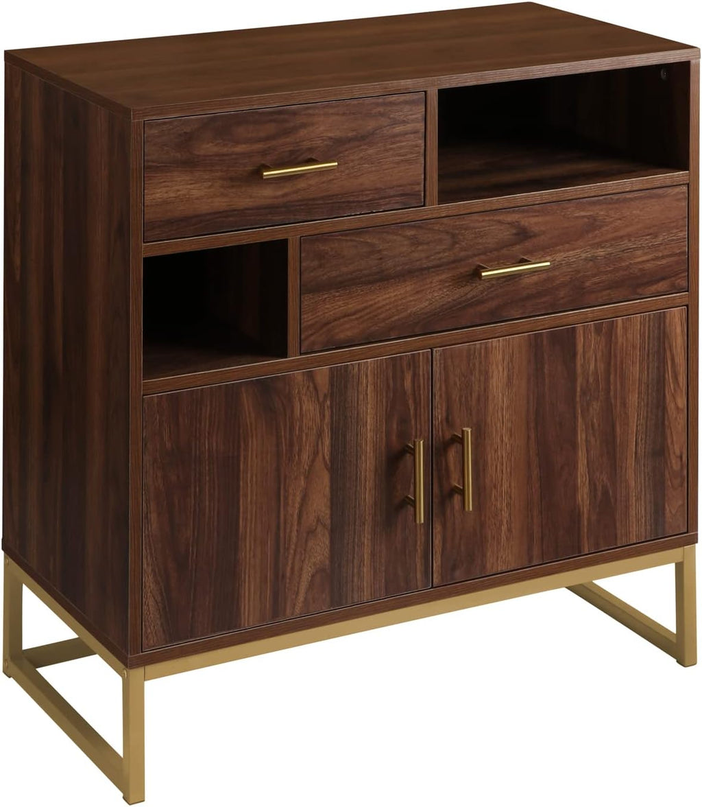 Walnut Wood 2 Doors Accent Storage Cabinet with Drawers and Shelves O6741