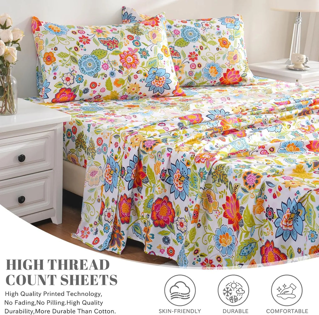 4 Piece Full Size Microfiber Sheet Set with Floral Design P249