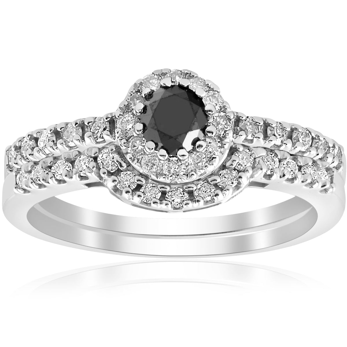 Black Pave Halo Diamond Engagement Ring Set 14k White Gold Z297018