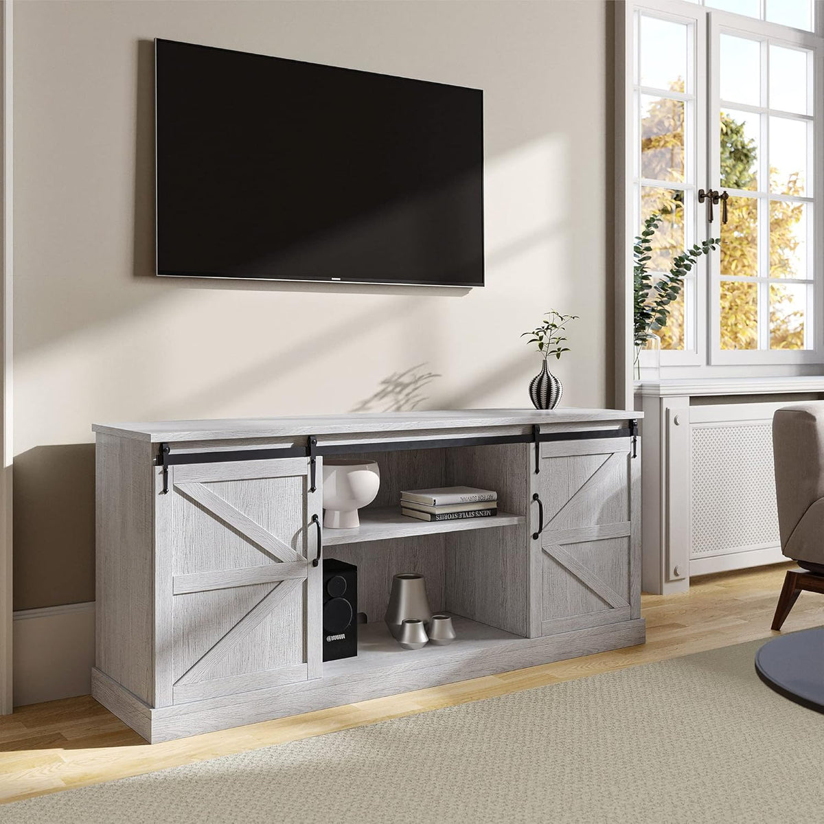 Stone Grey TV Stand with Sliding Barn Door and Storage Cabinets Z189770