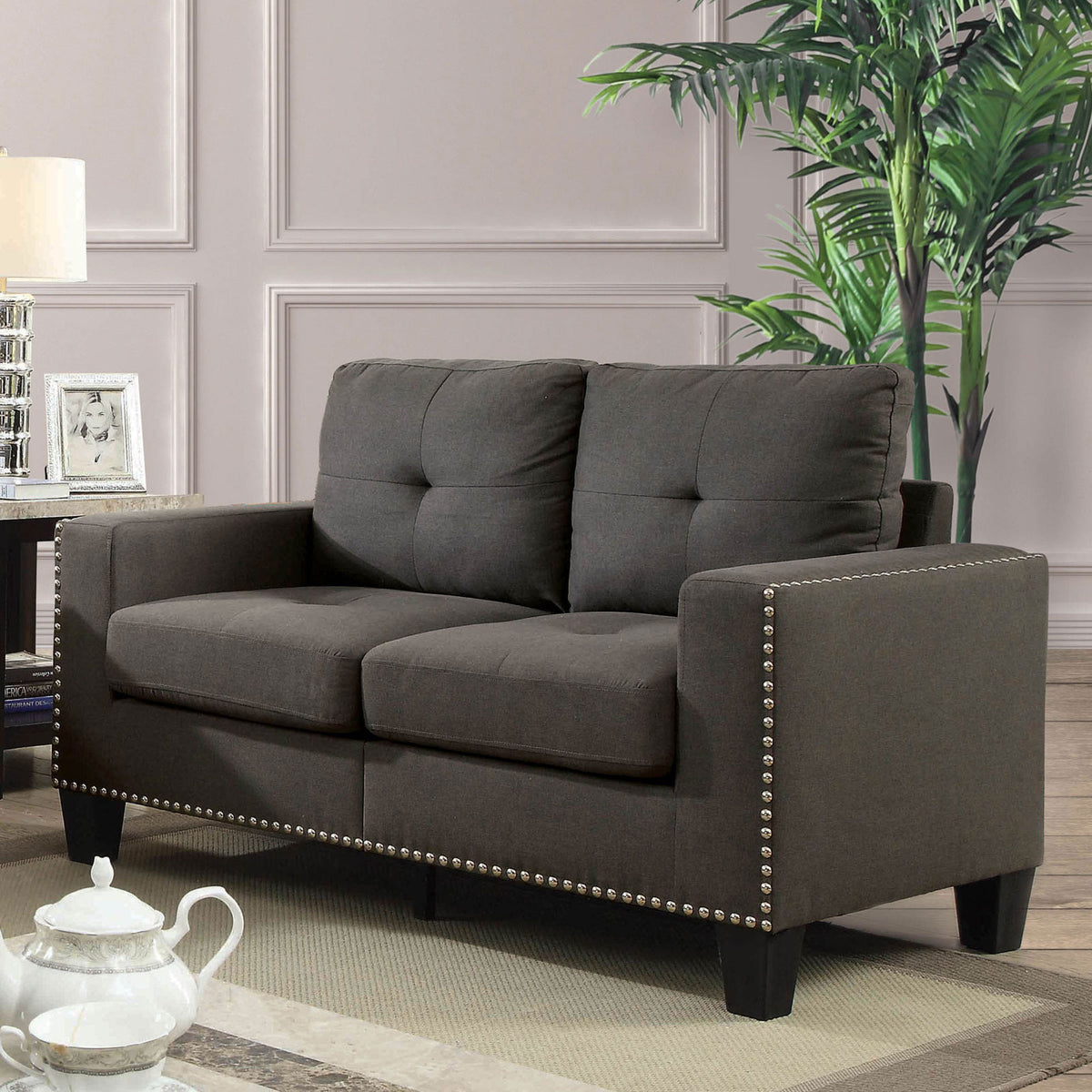 Gray Tufted Linen Like Fabric Sofa and Loveseat A121