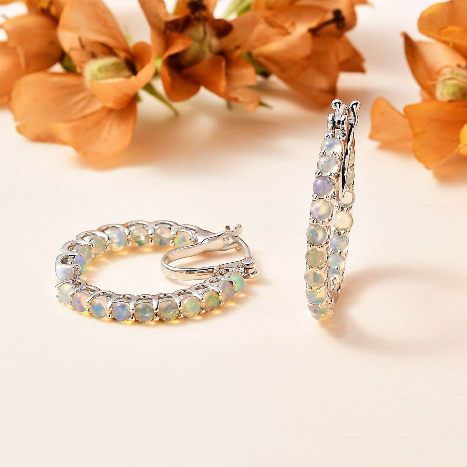 Opal Round 925 Sterling Silver Platinum Plated Inside Out Hoop Earrings Ct 2.13 D18462