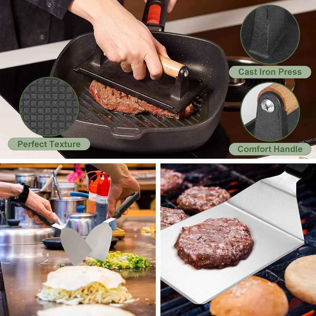 17PCS Flat Top Grill Accessories Set with Spatulas, Basting Cover, Scraper H92444