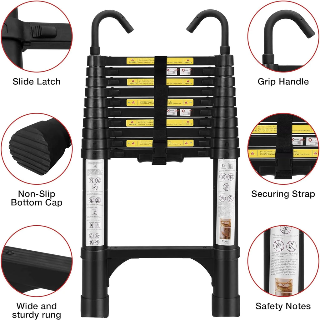 Telescoping Ladder 10.5 FT Aluminum with 2 Detachable Roof Hooks and 2 Triangle Stabilizers K831300