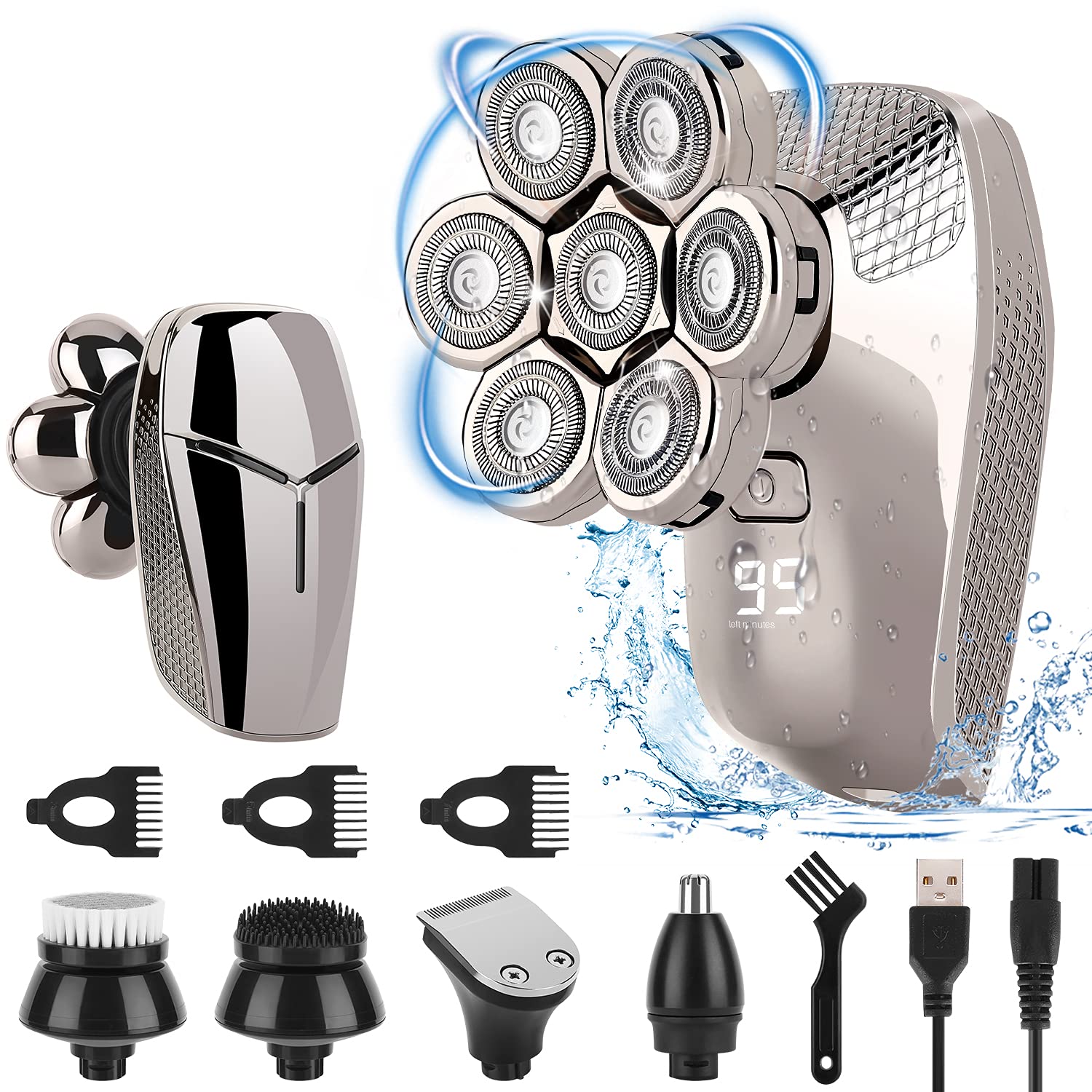 7D Rechargeable Rotary Wet/Dry Shaver, Silver, Pack of 2 P45616
