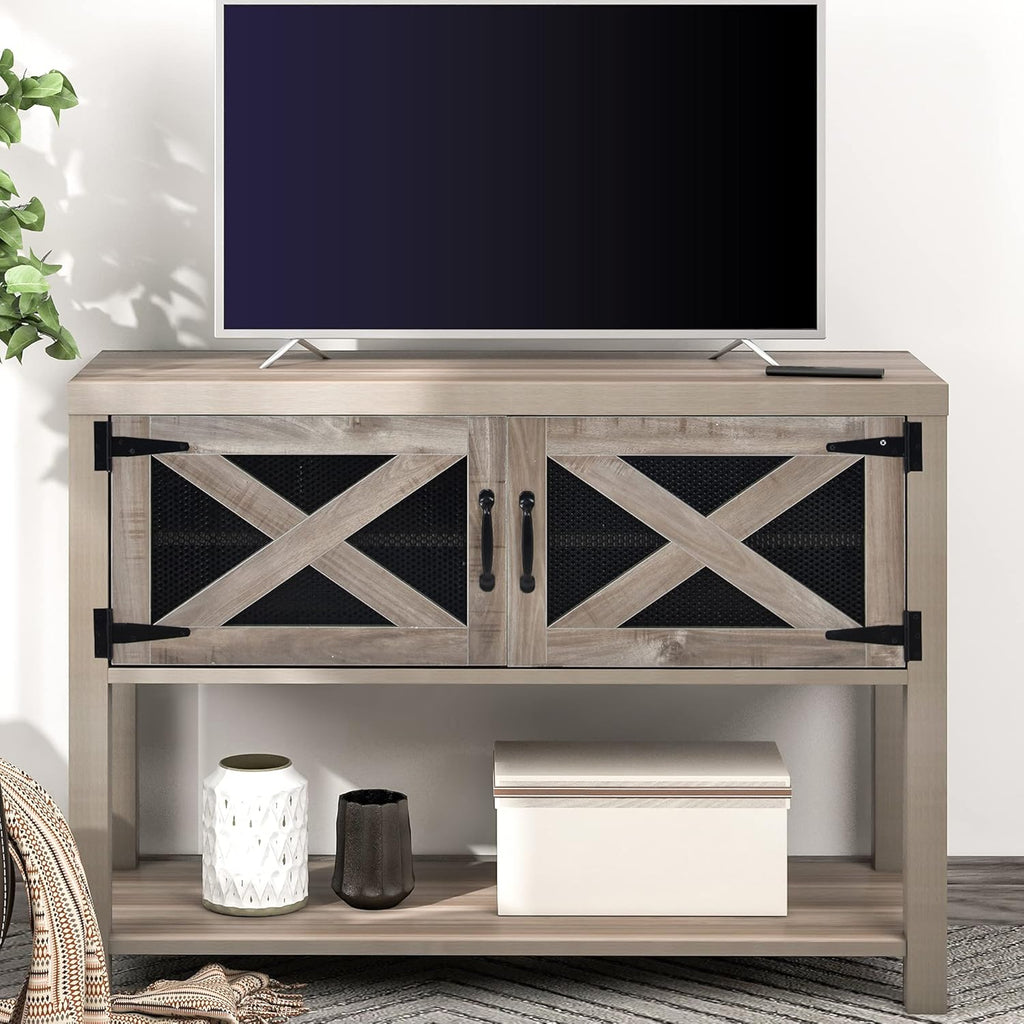 Rustic Console Table with Storage Cabinets and Bottom Shelf U126448