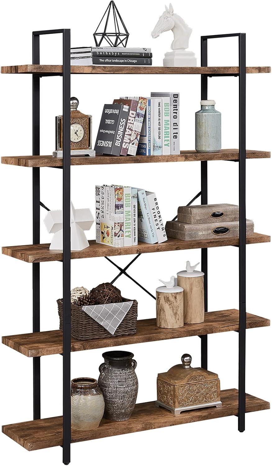 Distressed Brown 5-Shelf Metal Frame Bookshelf M319496